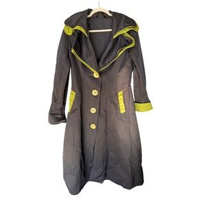 Coterie de France Long Grey Trench Coat Lime Green Trim Adjustable Collar Size L